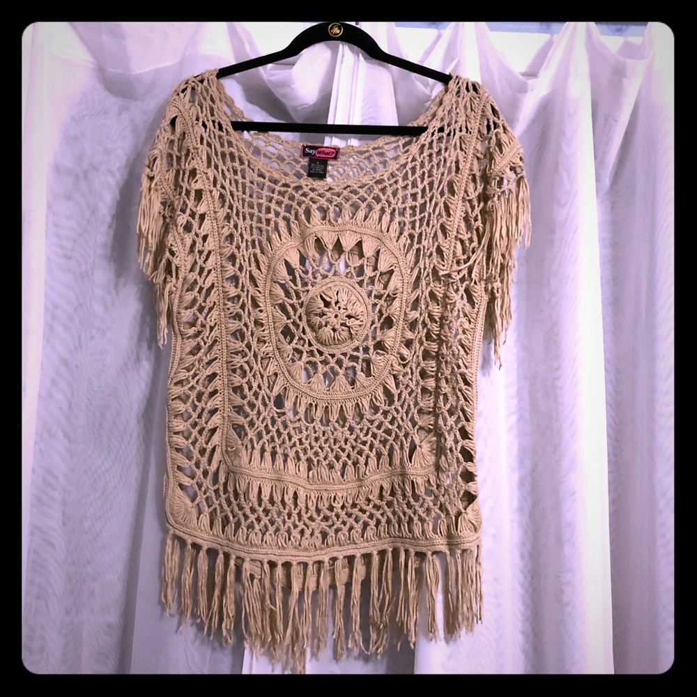 Tan Crochet Knit Top with Fringe